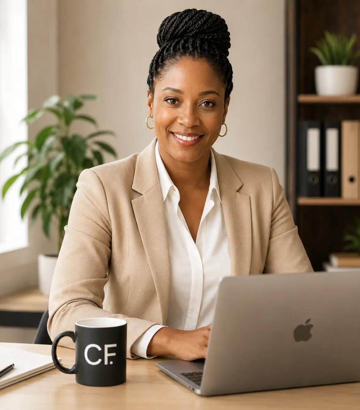 A South African business owner working at her laptop in a bright office